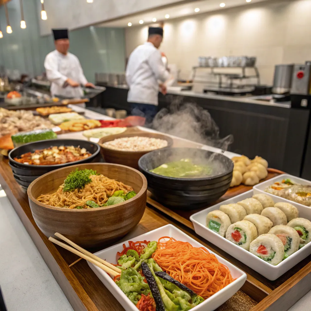 A vibrant display of various Asian dishes prepared at the cooking school